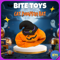 BITE Toys Halloween Pumpkin Hat for cats – orange plush pumpkin with black witch hat and adjustable straps