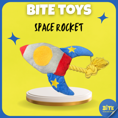 BITE Toys Space Rocket dog toy – colorful plush rocket with rope tail and star details