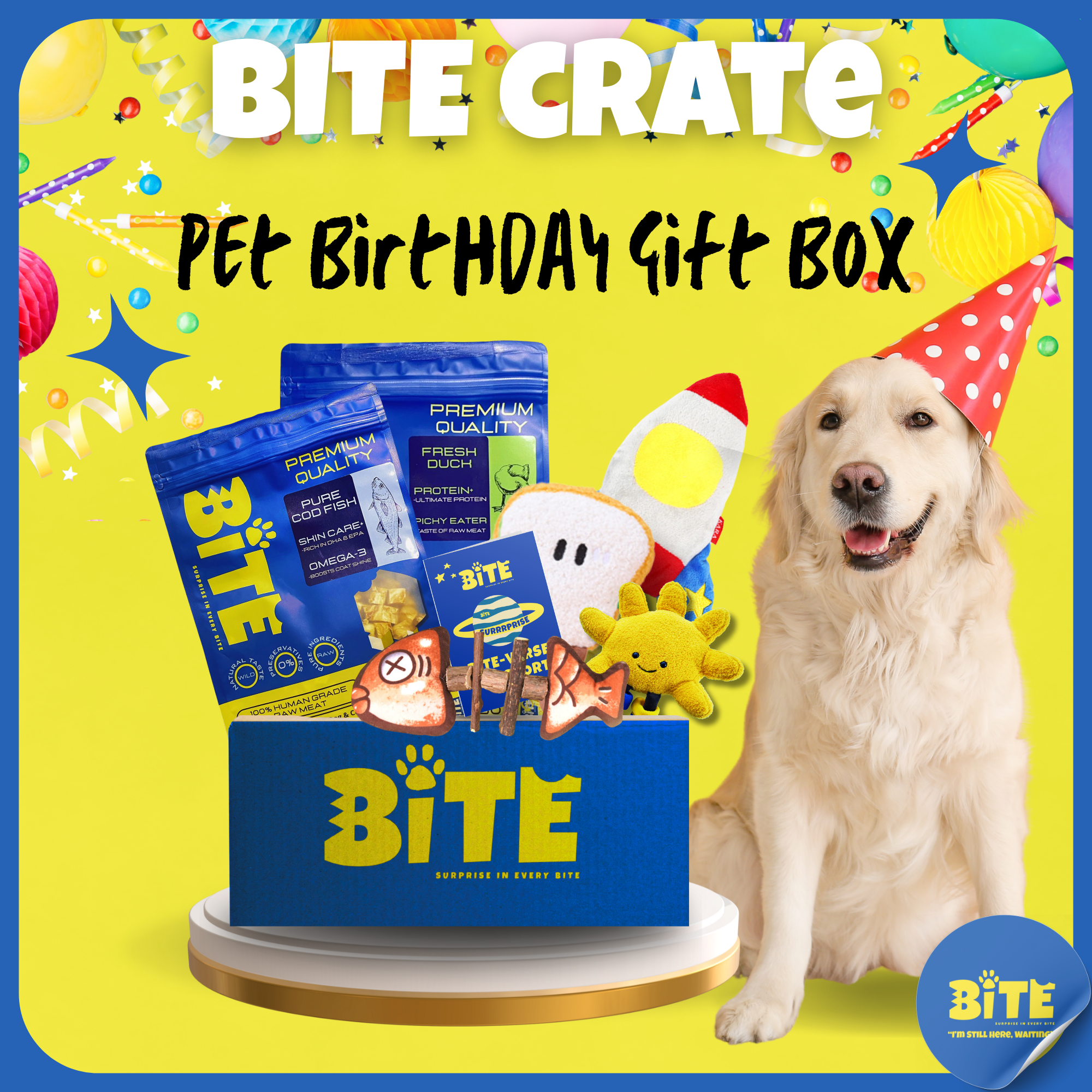 Golden Retriever with Bite Crate Pet Birthday Gift Box including freeze-dried treats, birthday-themed toys, and premium healthy snacks for dogs