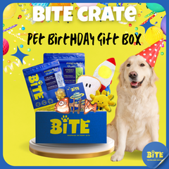 Golden Retriever with Bite Crate Pet Birthday Gift Box including freeze-dried treats, birthday-themed toys, and premium healthy snacks for dogs