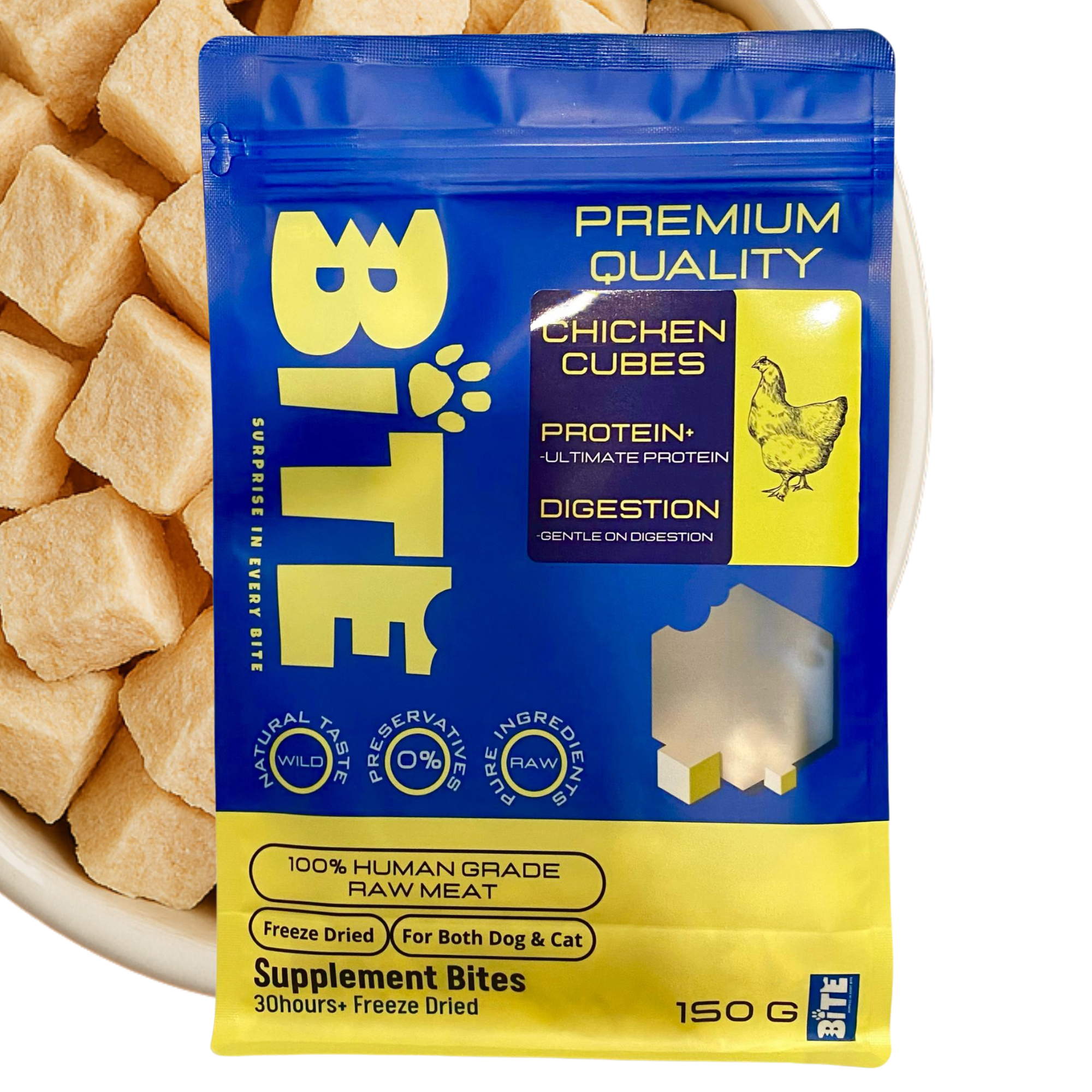 Package of Bite Premium Quality Chicken Cubes pet supplement with chicken cubes in the background