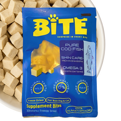BITE supplement bites 20g packaging with blue and yellow design, set against a background of freeze-dried cod fish.