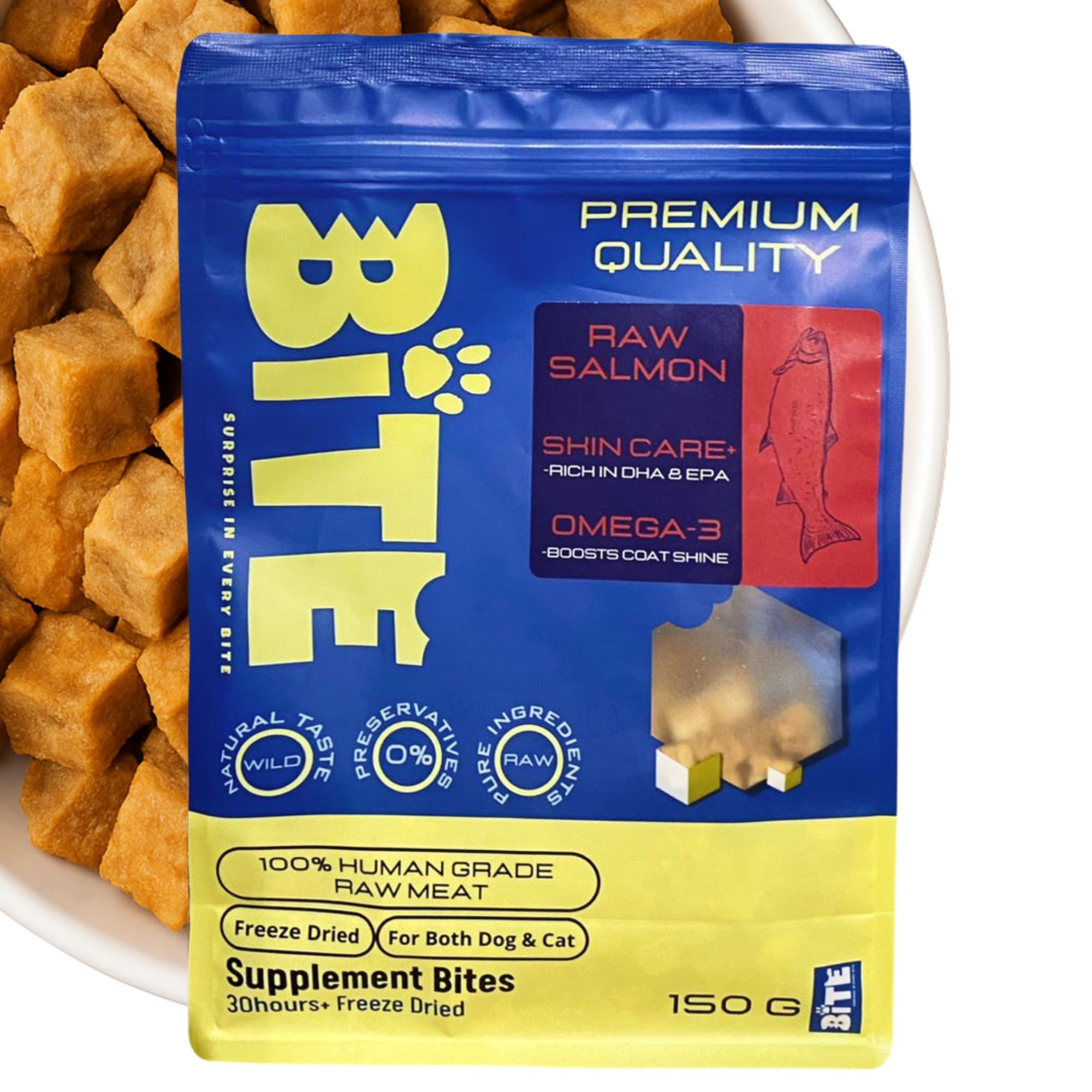 BITE premium quality raw salmon supplement bites 150g packaging with visible salmon pieces.