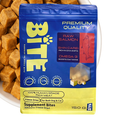 BITE premium quality raw salmon supplement bites 150g packaging with visible salmon pieces.