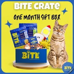 BITE Crate One Month Gift Box for cats – includes premium freeze-dried treats, themed toys, and Bite Passport. Healthy pet subscription box in Malaysia.