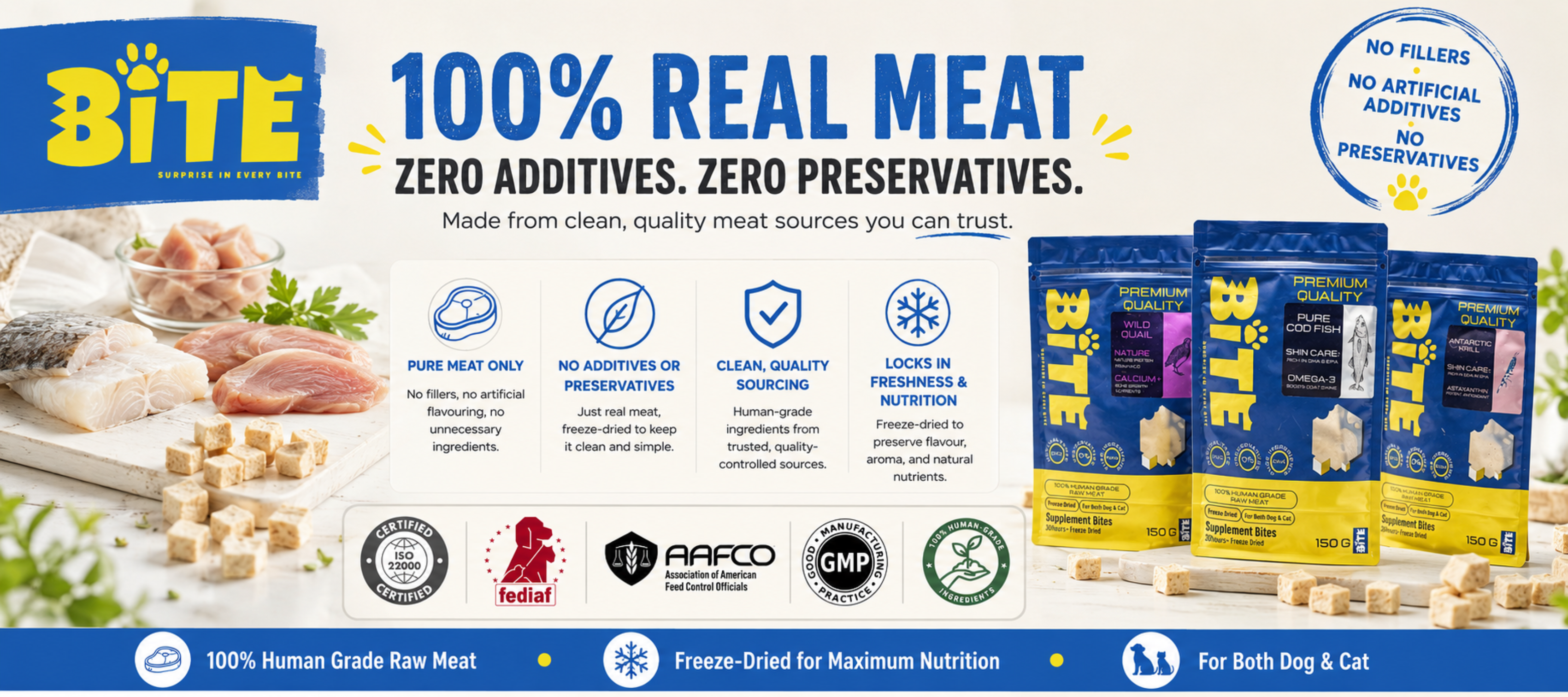 BITE 100% real meat freeze-dried cat and dog treats Malaysia – zero additives, no preservatives, human-grade quality
