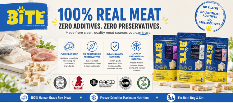 BITE 100% real meat freeze-dried cat and dog treats Malaysia – zero additives, no preservatives, human-grade quality

