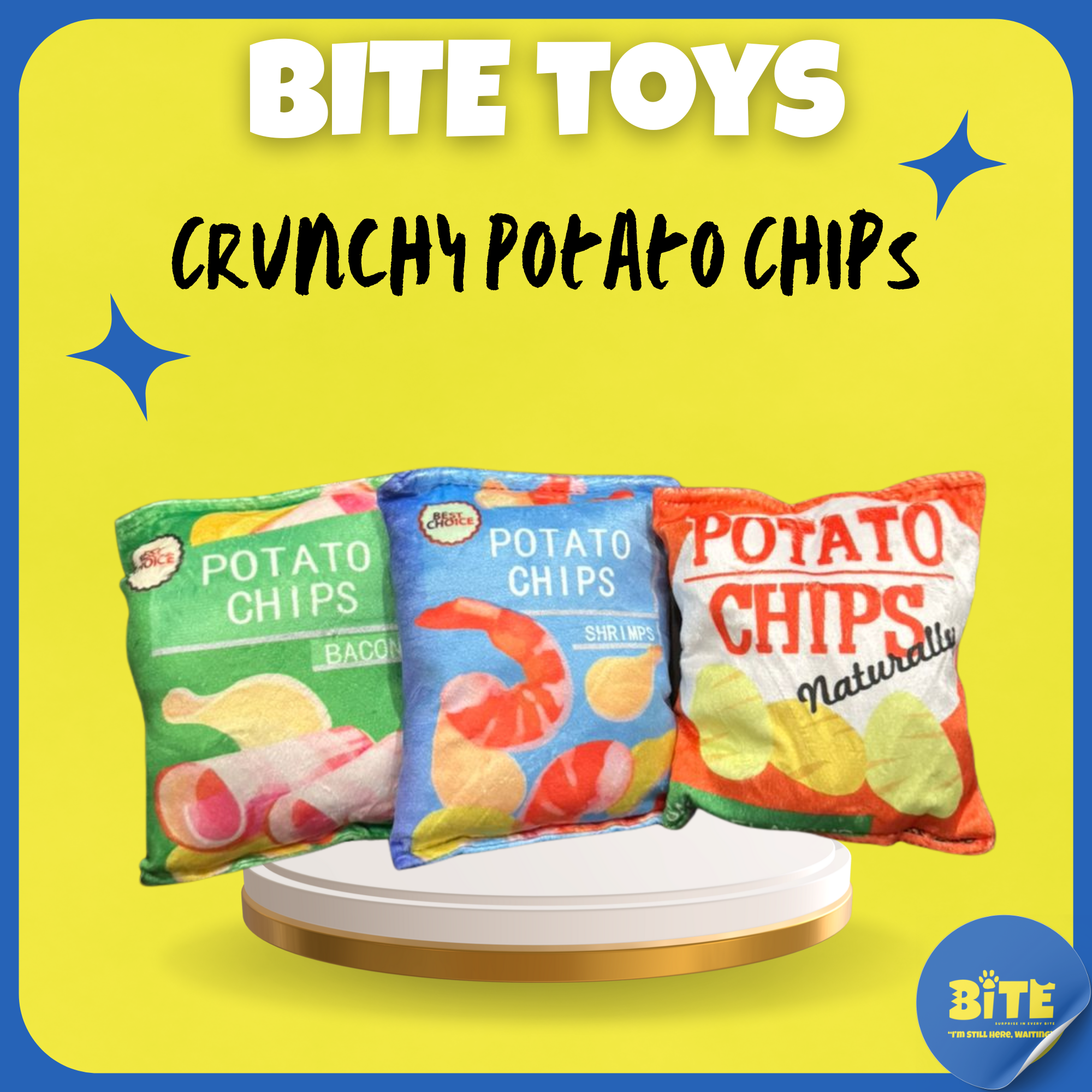 BITE Toys Crunchy Potato Chips plush toy – colorful chip bag design with squeaky and crinkle sound for dogs and cats