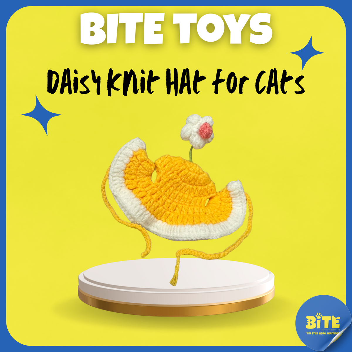 BITE Toys Daisy Knit Hat for cats – yellow and white handmade crochet hat with daisy flower