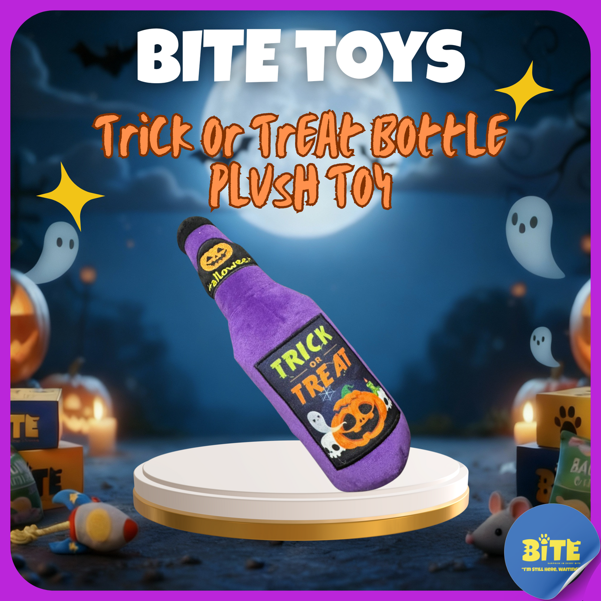 BITE Toys Halloween Bottle plush dog toy – purple “Trick or Treat” squeaky bottle with pumpkin design