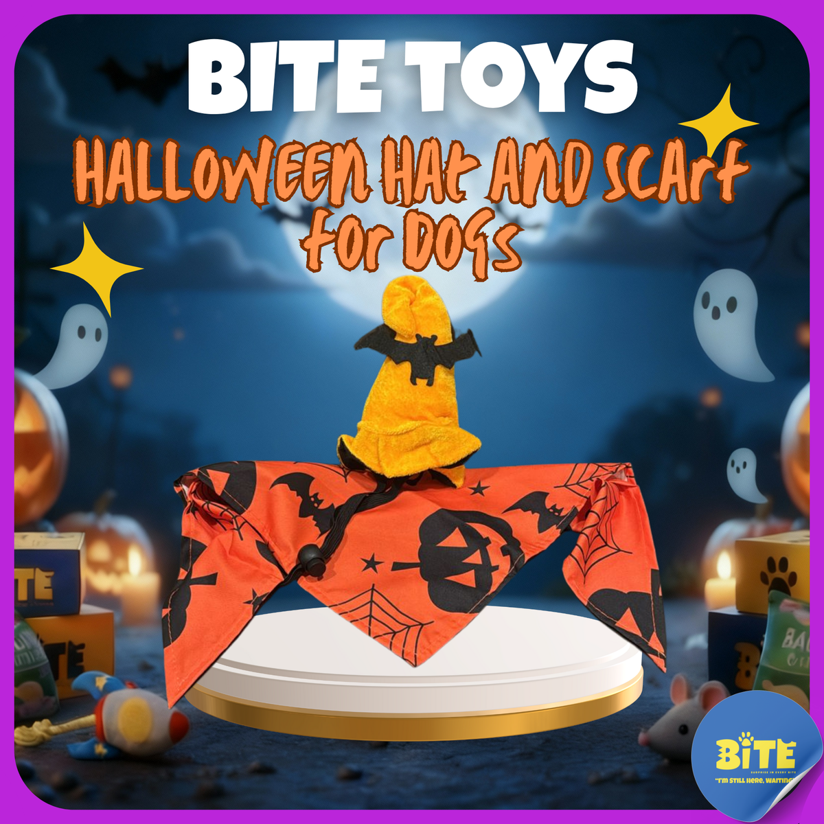BITE Toys Halloween Hat & Scarf Set for dogs – orange witch hat with bat and matching pumpkin-print scarf