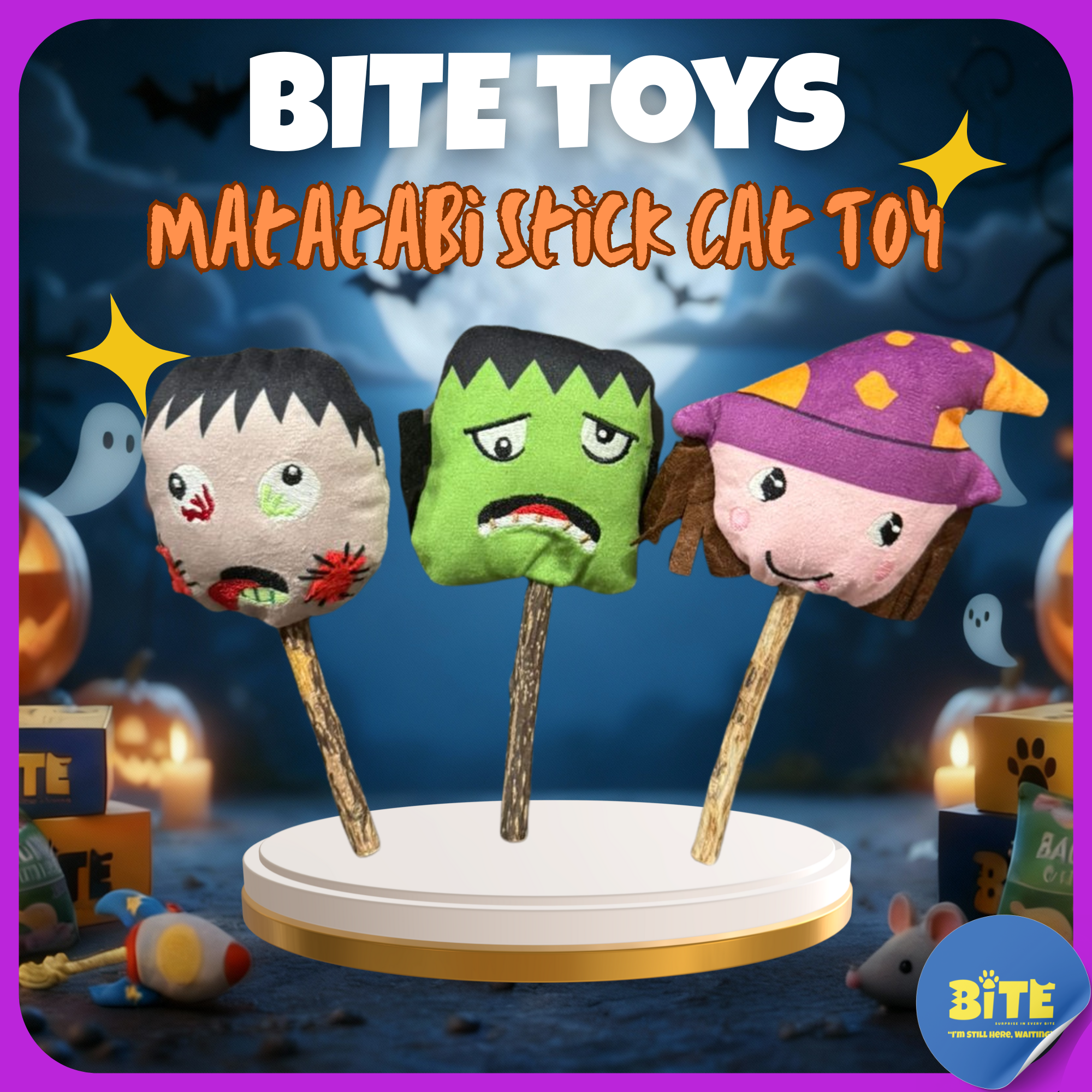BITE Toys Halloween Matatabi Stick cat toy – zombie, frankenstein, and witch plush heads with natural silvervine sticks