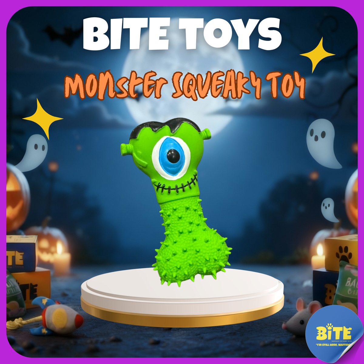 BITE Toys Halloween Monster dog toy – green rubber squeaky toy with one eye and textured surface