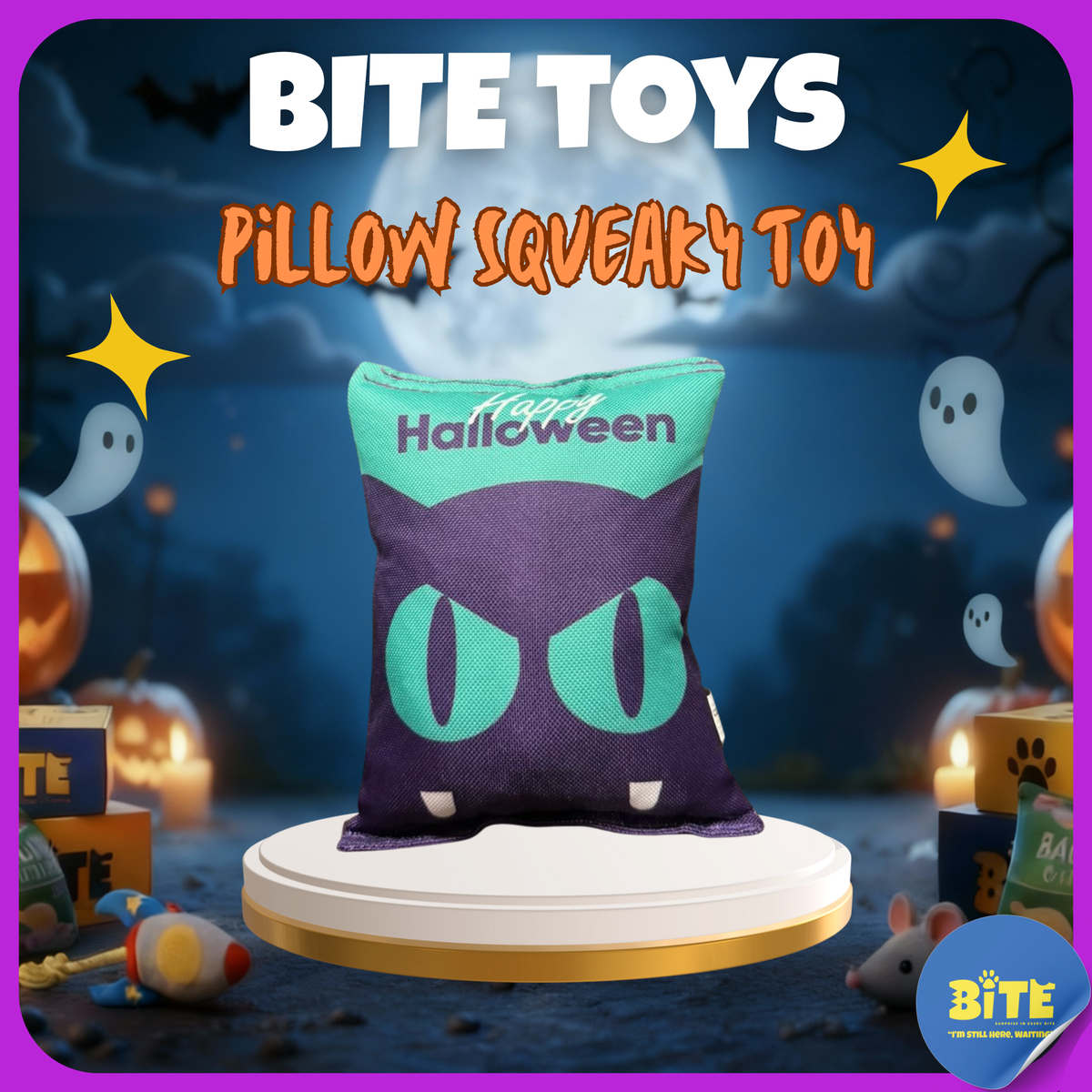 BITE Toys Halloween Pillow squeaky toy – purple and teal pillow with Halloween eyes design