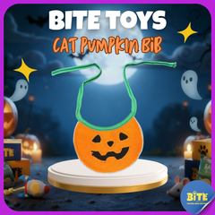 BITE Toys Halloween Pumpkin Bib for cats – orange fabric bib with pumpkin face and green tie straps