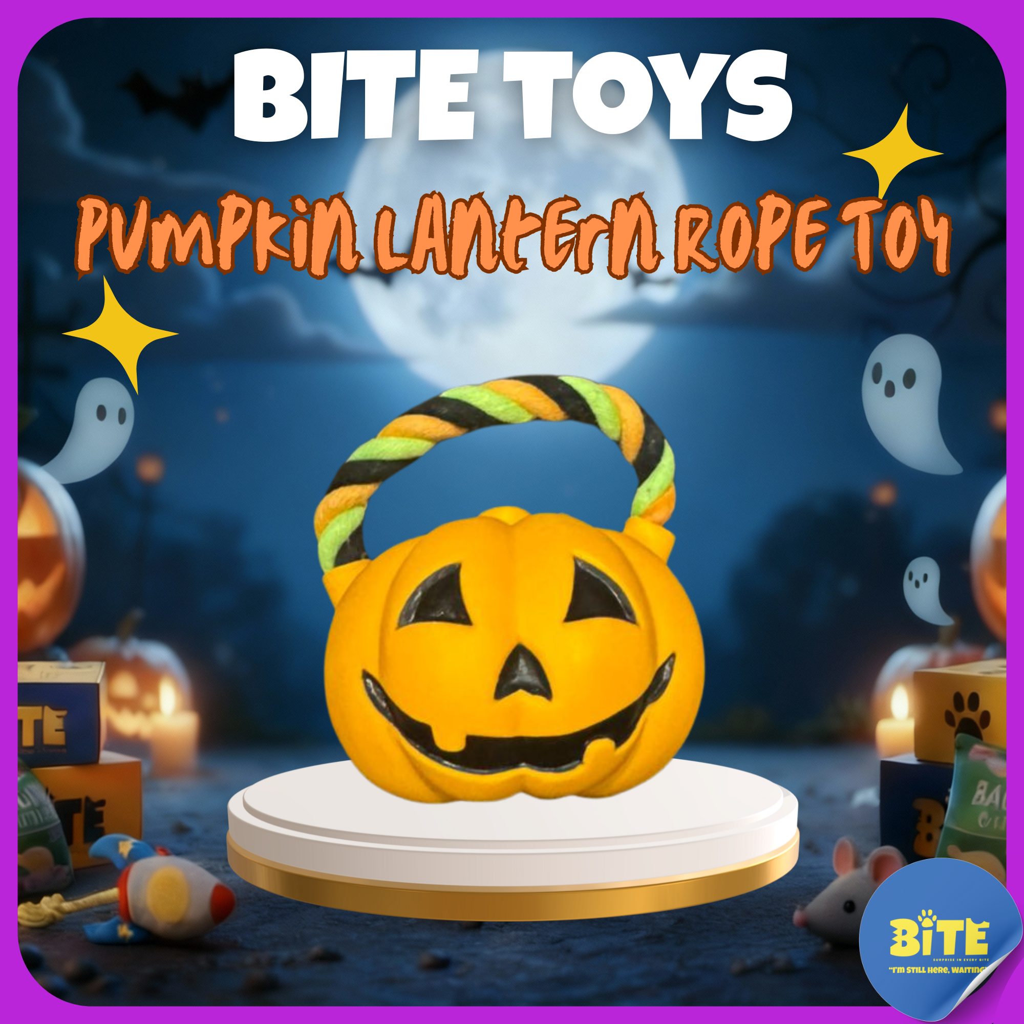 BITE Toys Halloween Pumpkin Lantern dog toy – orange jack-o’-lantern squeaky rubber toy with rope handle