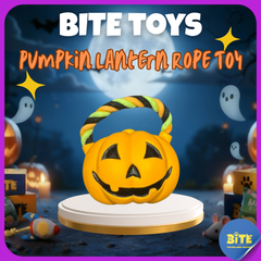 BITE Toys Halloween Pumpkin Lantern dog toy – orange jack-o’-lantern squeaky rubber toy with rope handle