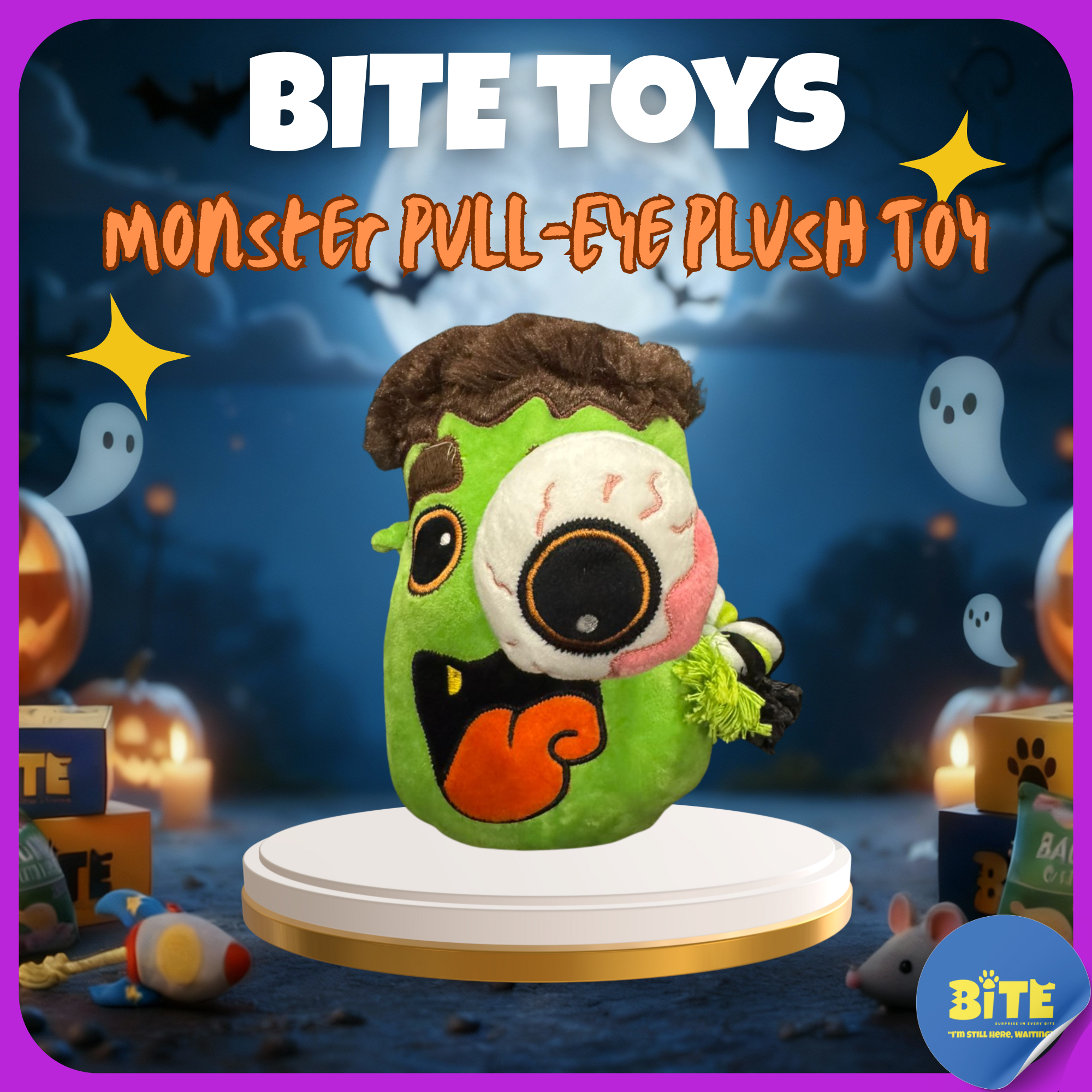 BITE Toys Monster Pull-Eye Plush Toy – green Halloween dog toy with pullable rope eye and squeaky sound