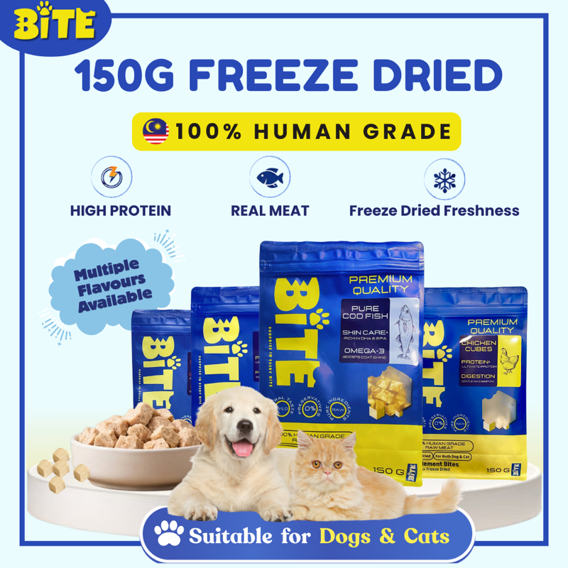 BITE freeze-dried pet treats Malaysia - 10 real meat flavours for cats and dogs
