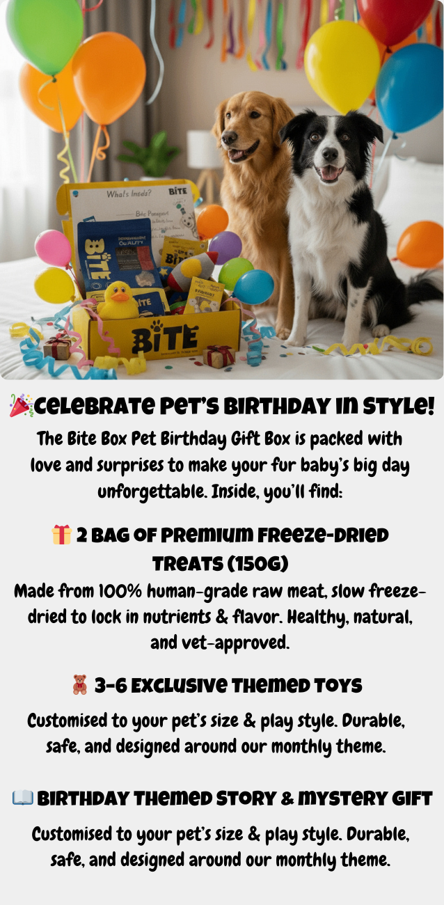Celebrate your dog’s birthday with the Bite Crate Pet Birthday Gift Box. Includes 2 bags of premium freeze-dried treats (150g each), 3–6 exclusive themed toys, and a surprise birthday story & mystery gift. Perfect healthy and fun gift box for pets in Malaysia.