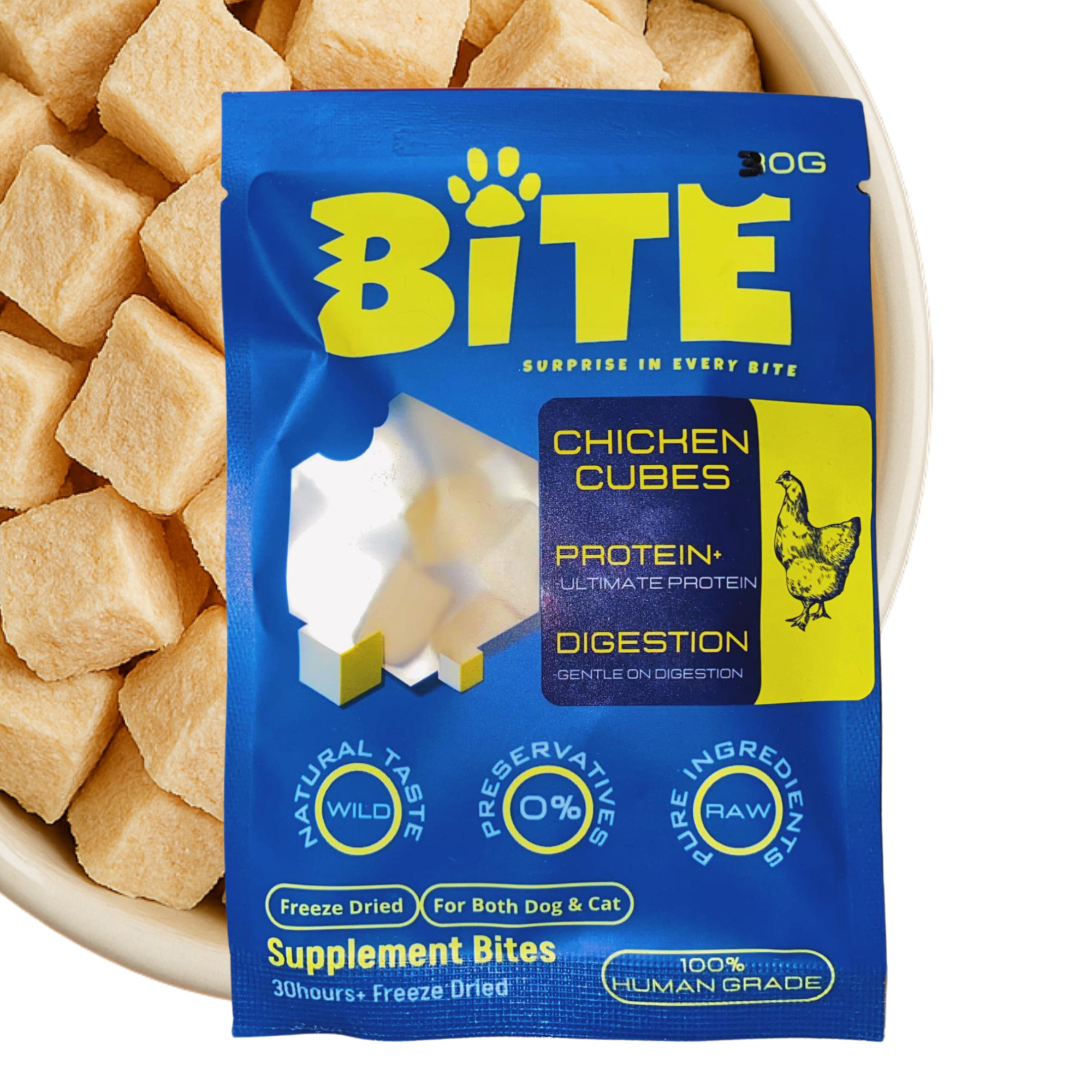 BITE Chicken Cubes 20g protein supplement packaging with cubes in the background