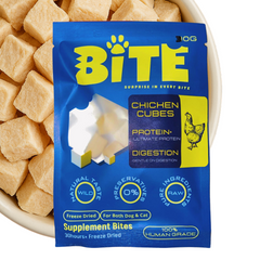 BITE Chicken Cubes 20g protein supplement packaging with cubes in the background