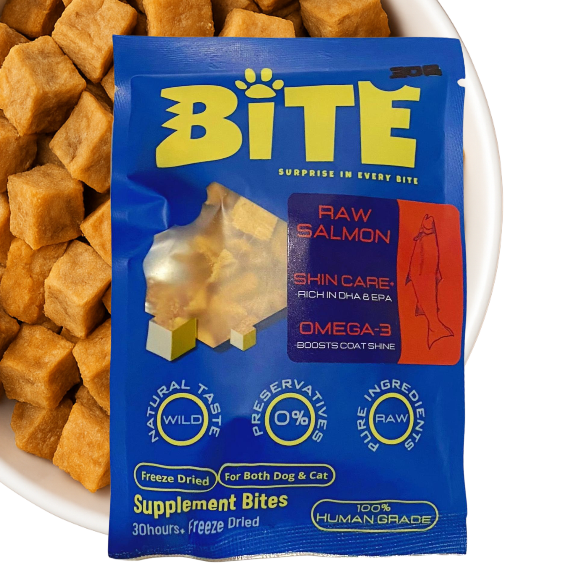 Package of 20g 'BITE' supplement bites with raw salmon flavor on a white background