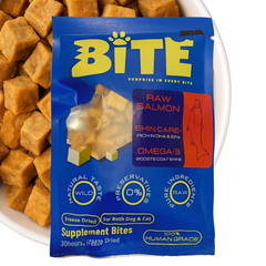 Package of 20g 'BITE' supplement bites with raw salmon flavor on a white background