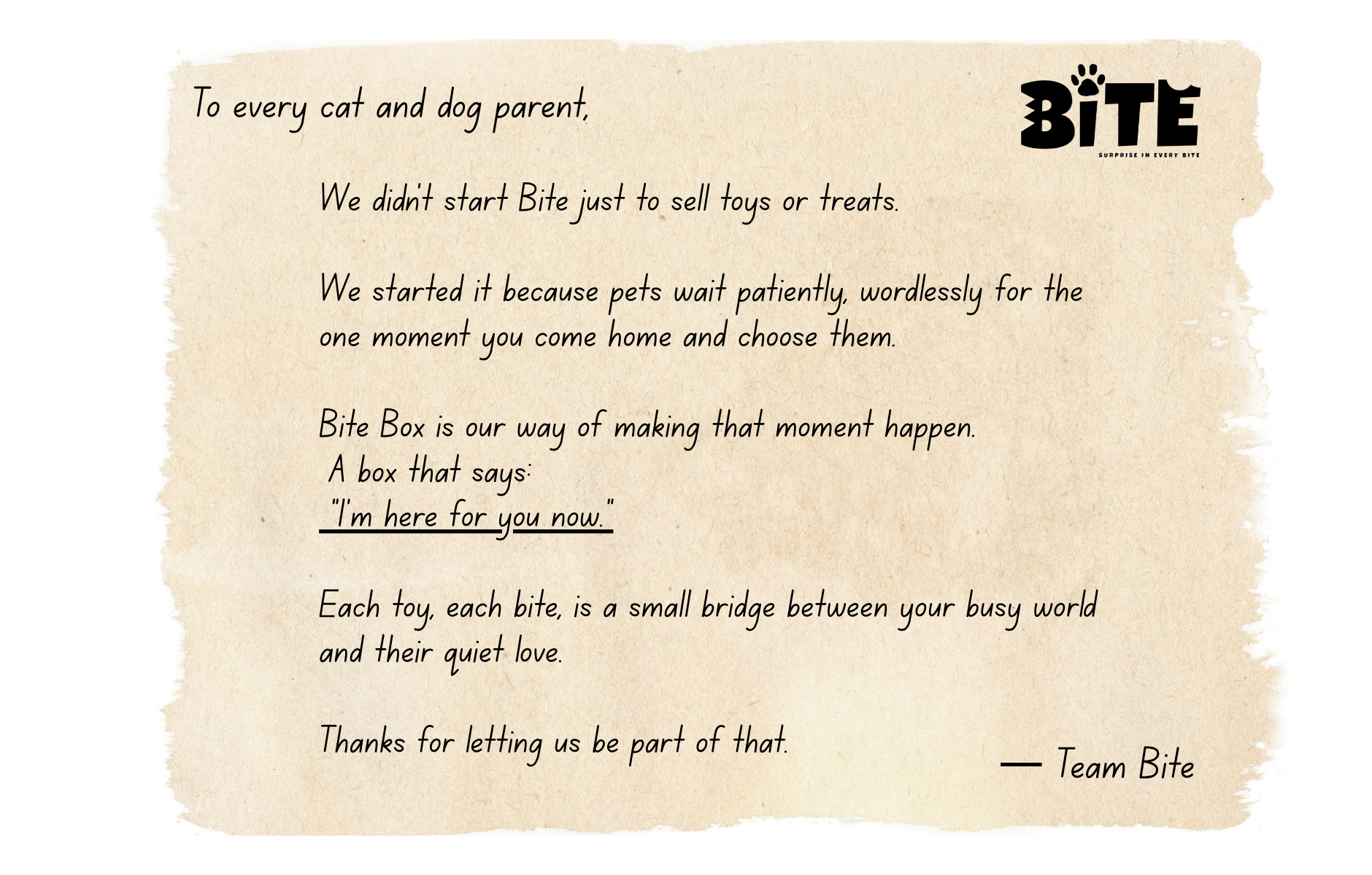 BiteBox brand story letter to pet parents – heartfelt message about emotional bonding with cats and dogs through curated toys and natural high-protein treats, emphasizing love and connection between pets and owners.