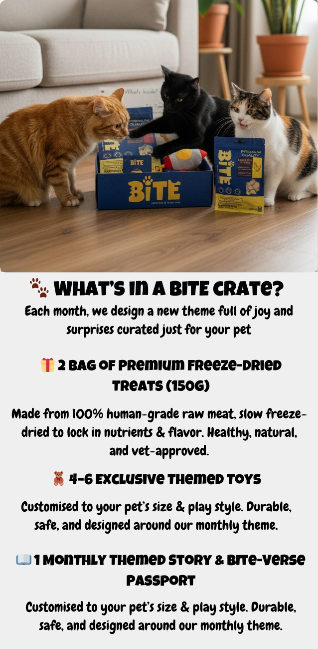BITE Crate cat subscription box with 2 bags of premium freeze-dried treats and 4 to 6 themed toys. Monthly pet gift box in Malaysia with Bite Passport.