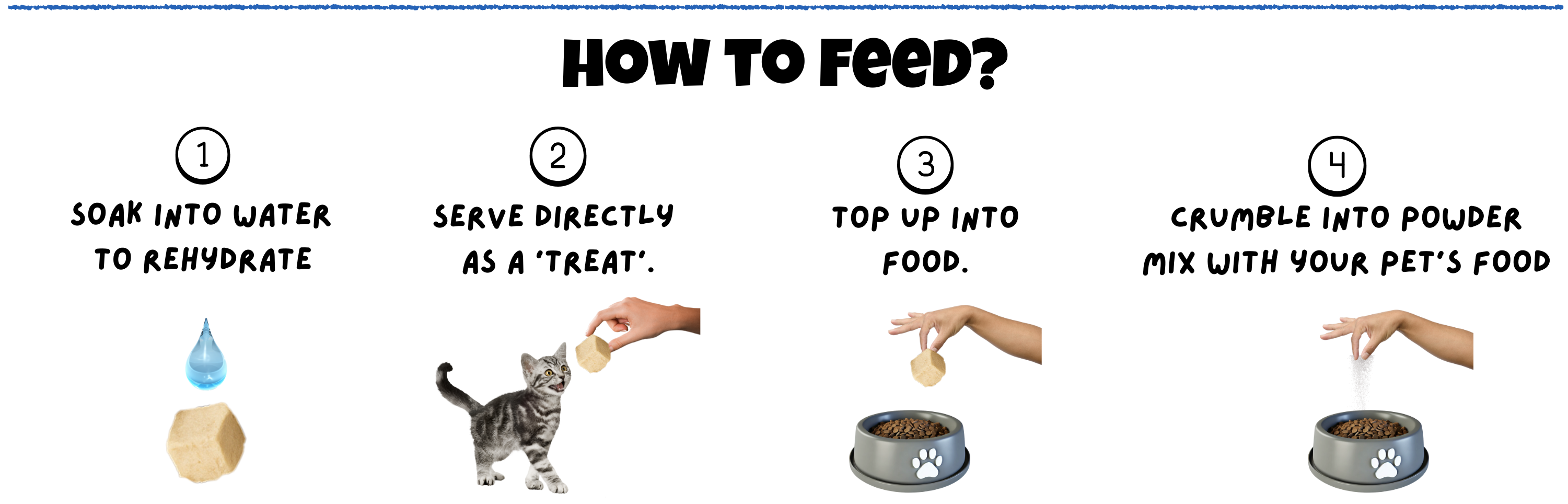 How to feed BITE Freeze-Dried Cod Fish Treats for dogs and cats – soak in water to rehydrate, serve directly as a treat, top up into meals, or crumble into powder to mix with food.
