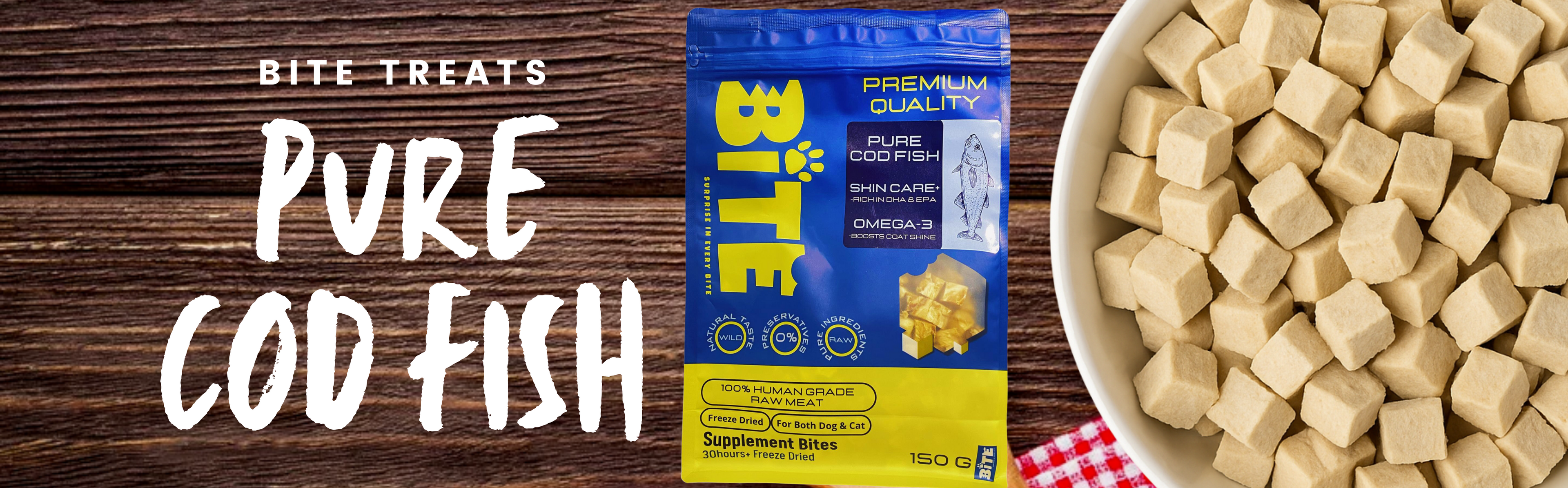BITE Pure Cod Fish Freeze-Dried Treats – 100% human grade cod fish, rich in protein and Omega-3, healthy snacks for dogs and cats.
