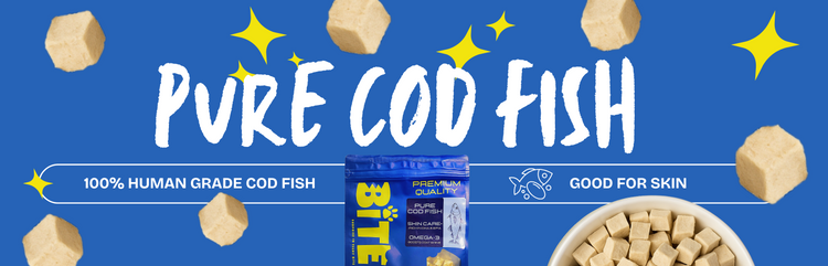 BITE Pure Cod Fish Freeze-Dried Treats for dogs and cats – 100% human grade cod fish, high in protein, rich in Omega-3, supports healthy skin and coat.
