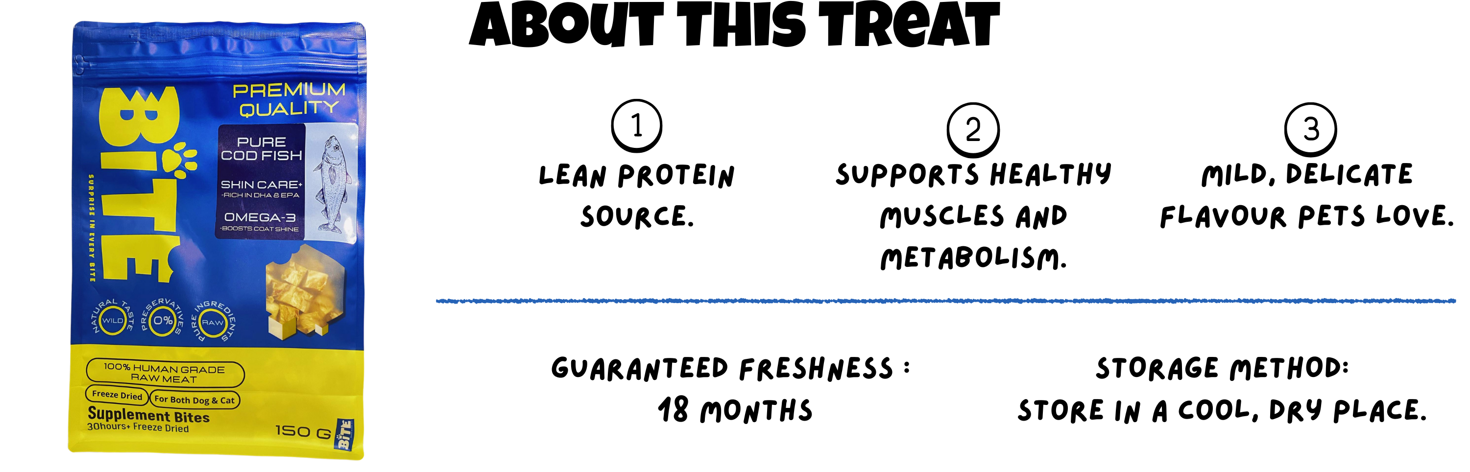 BITE Treats Cod Fish – 100% human grade freeze-dried cod fish for dogs and cats, lean protein source, rich in Omega-3, supports healthy muscles and metabolism