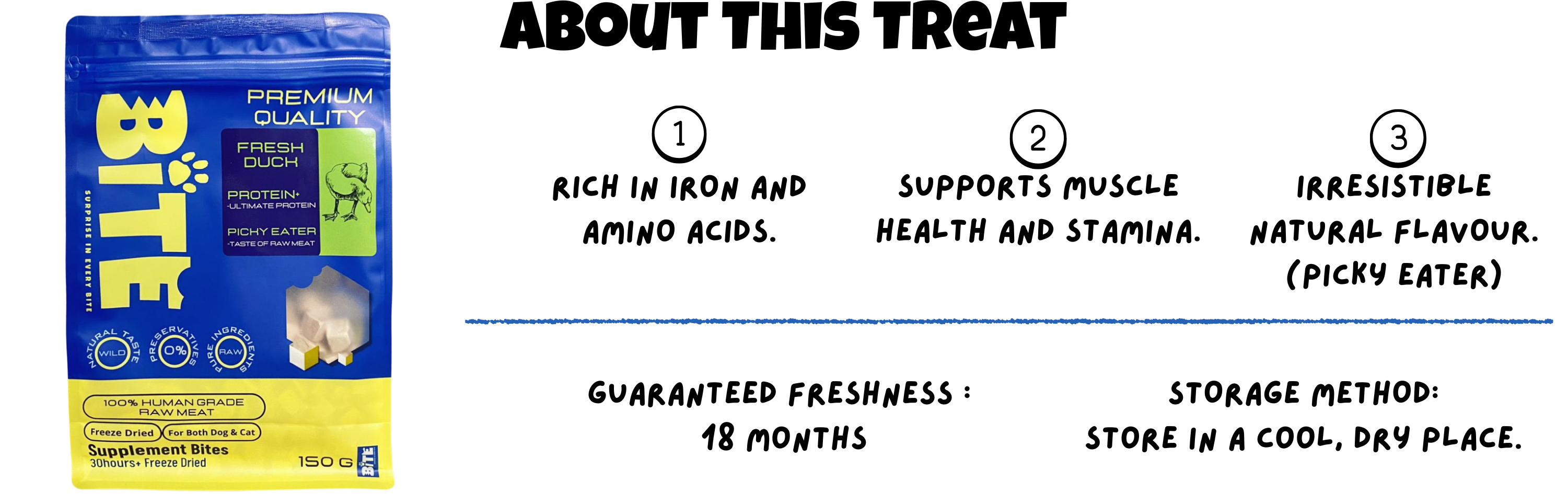BITE Treats Malaysia – About This Treat Freeze-Dried Fresh Duck Pet Snacks Rich in Iron Muscle Health Natural Flavour
