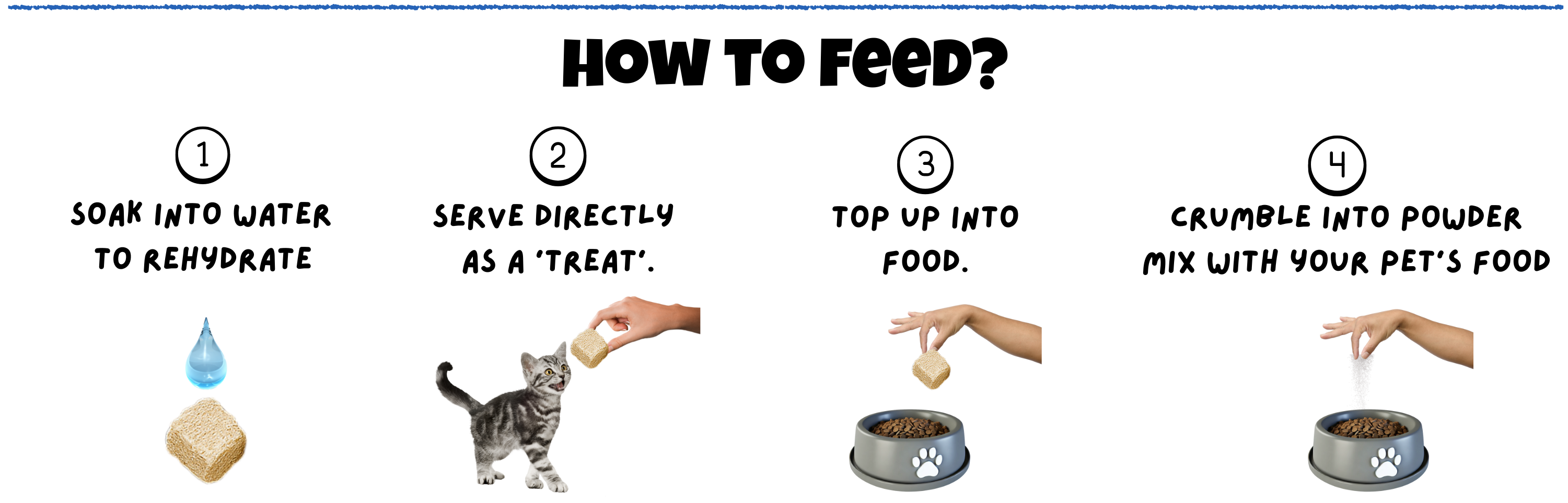 How to feed BITE Freeze-Dried Pet Treats Mobile – Rehydrate in water, serve as treat, mix with food, crumble into powder
