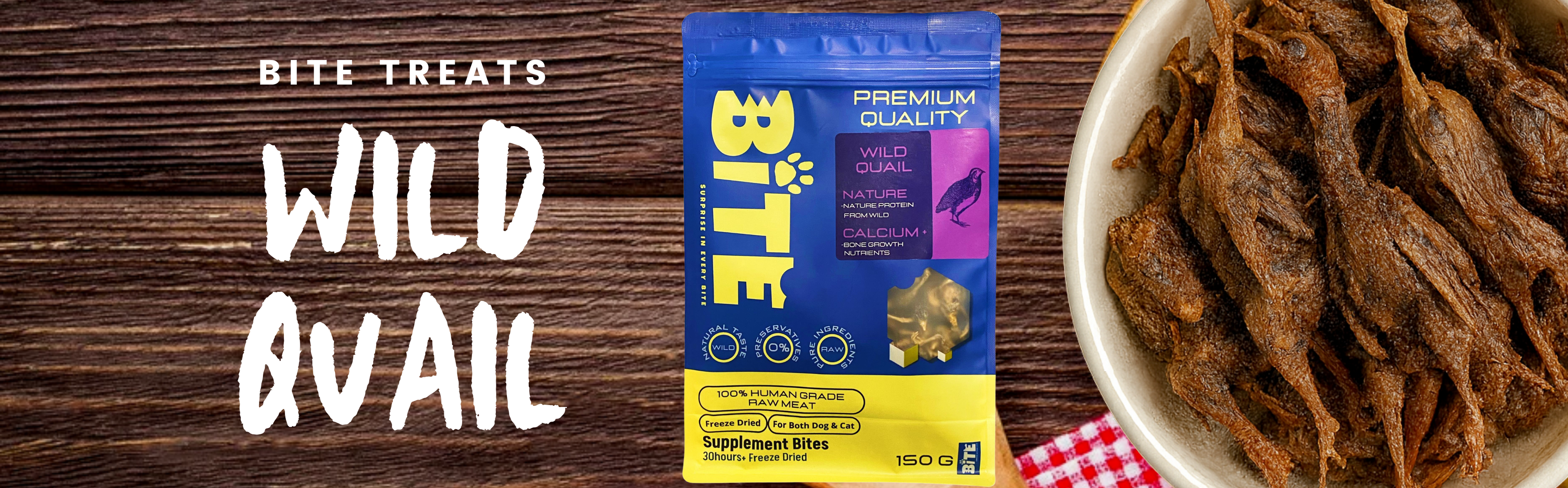 BITE Wild Quail Freeze-Dried Treats – 100% natural quail, rich in protein and calcium for healthy bones, premium snacks for dogs and cats.
