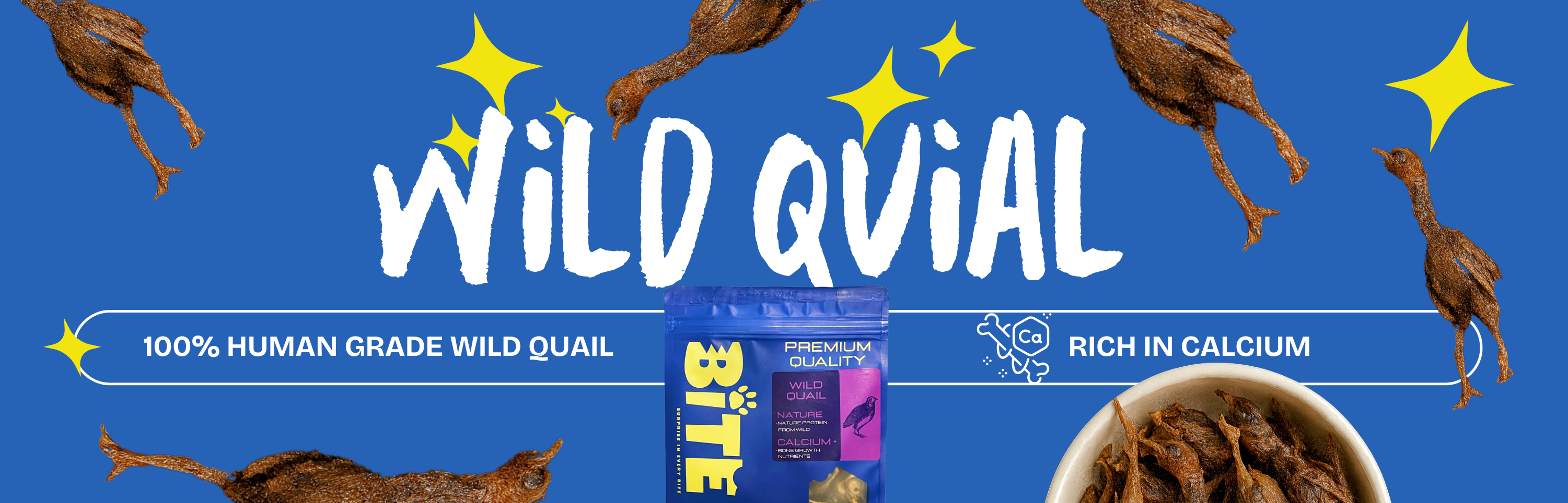 BITE Wild Quail Freeze-Dried Treats for dogs and cats – 100% human grade, rich in calcium, healthy protein snacks.
