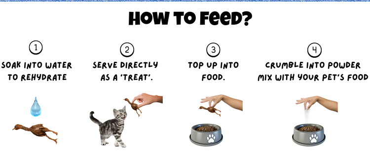 Feeding guide for Wild Quail Freeze-Dried Treats – rehydrate, serve, mix, or crumble for pets
