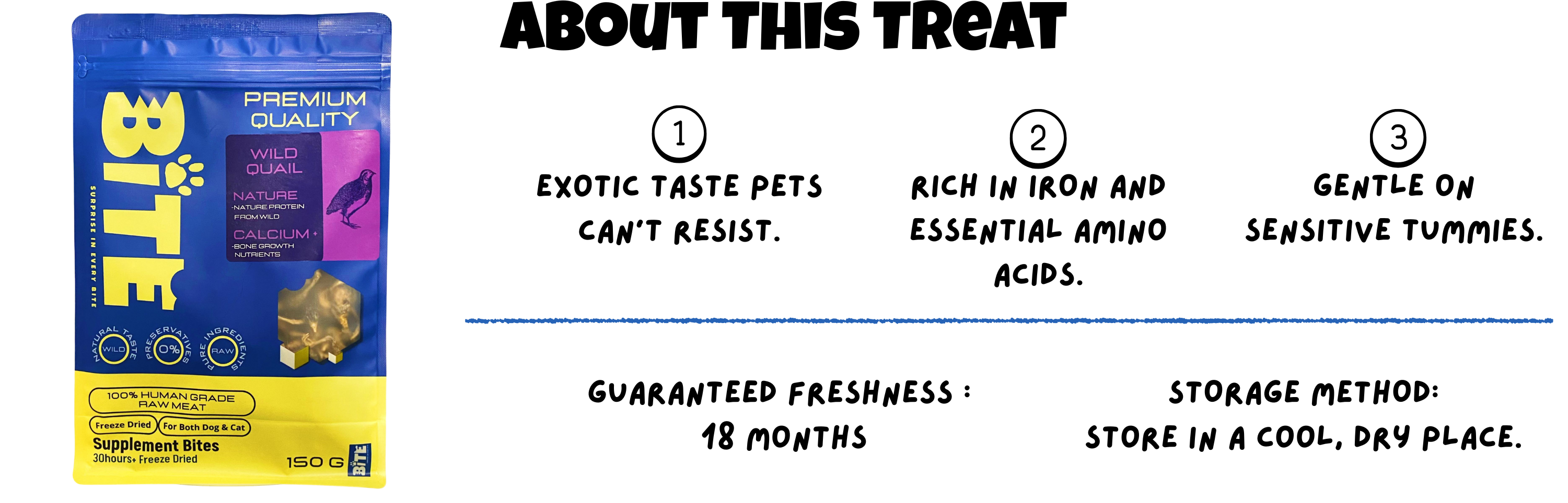 BITE Wild Quail Freeze-Dried Treats – exotic taste pets love, rich in iron and amino acids, gentle on sensitive digestion.
