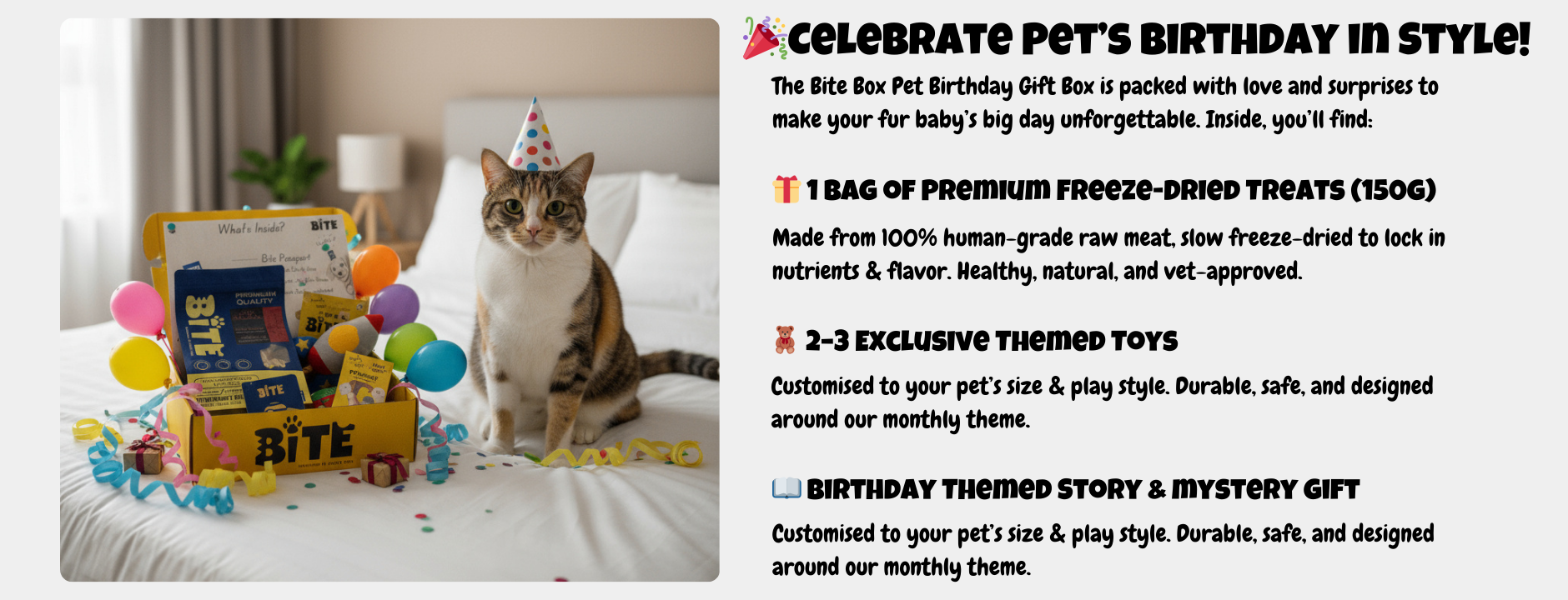 Bite Box Pet Birthday Gift Box for cats – includes 1 bag of premium freeze-dried treats, 2–3 themed toys, a birthday themed story, and a mystery gift. Perfect monthly subscription or one-time birthday surprise for pets.