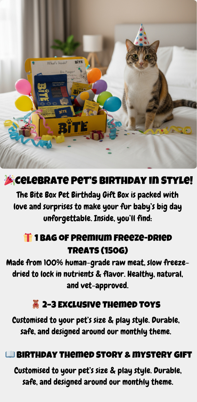Bite Box Pet Birthday Gift Box for cats – includes 1 bag of premium freeze-dried treats, 2–3 themed toys, a birthday themed story, and a mystery gift. Perfect monthly subscription or one-time birthday surprise for pets.