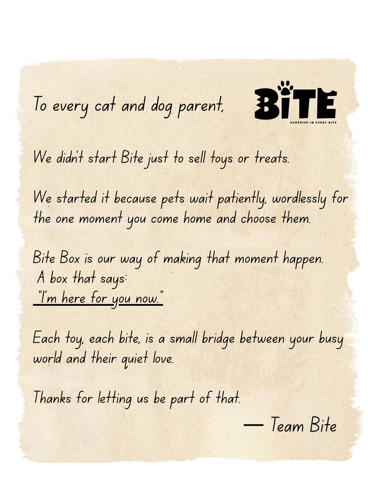 BiteBox brand story letter to pet parents – heartfelt message about emotional bonding with cats and dogs through curated toys and natural high-protein treats, emphasizing love and connection between pets and owners.